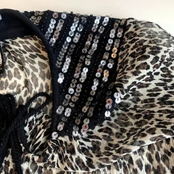 Plenty by Tracy Reese Leopard Print Crinkle Silky Peasant Blouse w/ Sequins - S - Picture 4 of 7